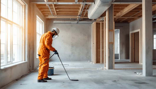 Person in orange protective suit and hard hat spraying chemicals on the floor of a partially built structure.