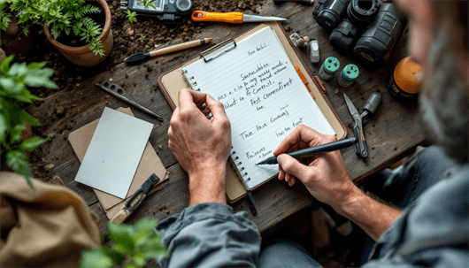 Person writing notes about pest control in a notebook on a wooden table with tools and plants.