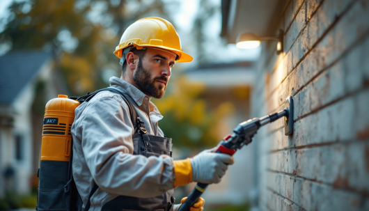 A pest control technician in safety gear uses a power sprayer to treat the exterior wall of a home