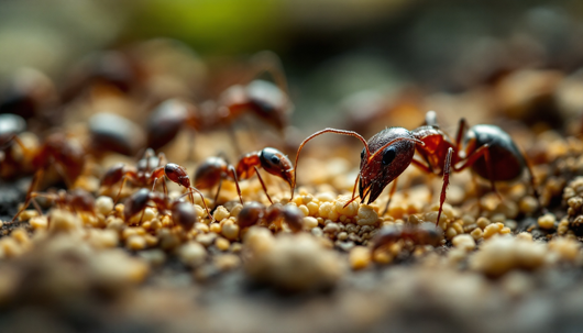 A close-up of reddish-brown ants clustered around tiny yellow granules on soil, with one large ant in sharp focus