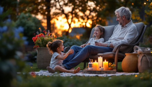 A smiling gray-haired man seated on an outdoor lounge chair at sunset, sharing a cozy moment with two young girls on a picnic blanket strewn with lit candles and a wicker basket of flowers