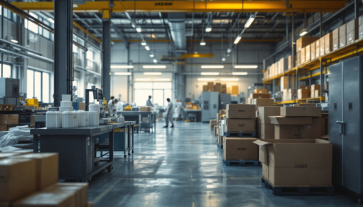 A spacious industrial warehouse with stacks of cardboard boxes on pallets, metal workstations, and workers in white uniforms moving about in the background