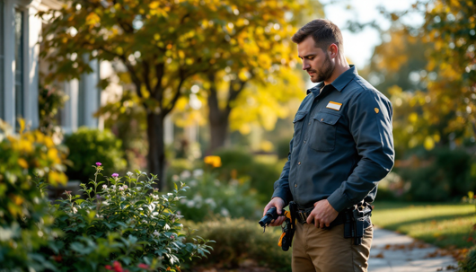 Pest control technician inspecting bushes outside a home on a sunny day, holding equipment at his side