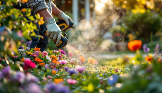 A gardener wearing gloves sprays blooming flowers in a colorful garden with a handheld hose during golden hour