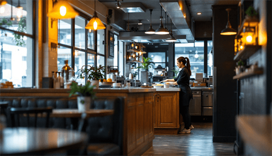 Quiet café interior with large windows; a lone waitress in dark uniform arranges dishes at a wooden bar under warm pendant lights.