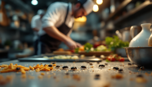 Beetles crawling over snack crumbs on a stainless-steel kitchen counter, with a chef blurred in the background