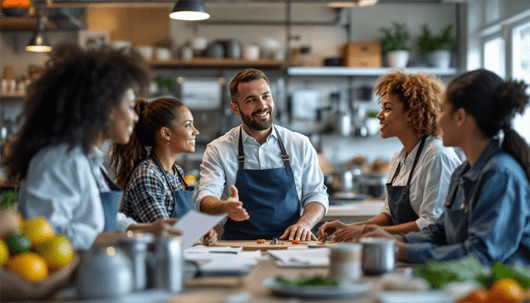 Smiling head chef leads a diverse culinary team in navy aprons during a planning huddle around a kitchen prep table, with papers and produce in view