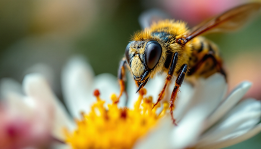 Extreme close-up of a fuzzy honeybee gathering pollen on a white daisy’s bright yellow center