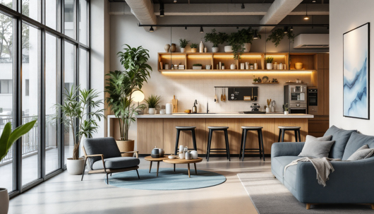 Sun-drenched open-plan loft with a wood-accent kitchen, tall windows, abundant plants, and a blue sofa