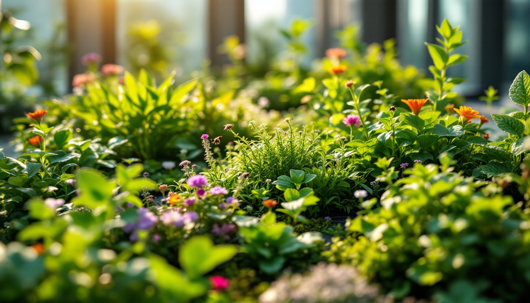 Sun-lit close-up of a mixed flower and herb bed bursting with fresh green foliage and colorful blooms.