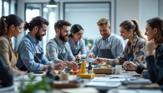 Team of young artisans in aprons collaborating around a workshop table crowded with crafting tools and materials