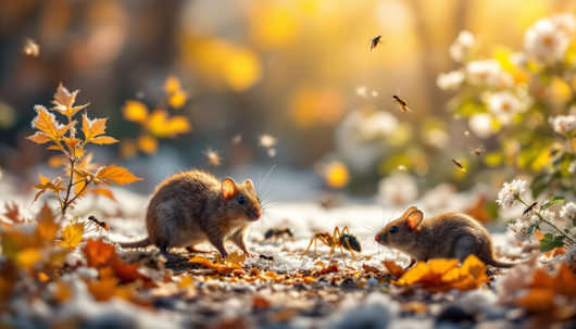 Two mice explore a forest floor covered in orange leaves and light frost, surrounded by flying insects in golden sunlight.