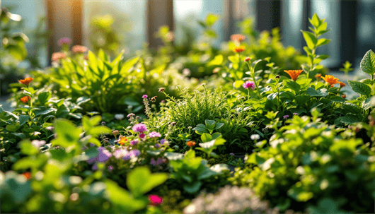 Vibrant flower bed with colorful blooms and green foliage in soft morning light.