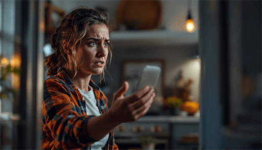 Woman in a plaid shirt looking worried while holding a smartphone in her kitchen.