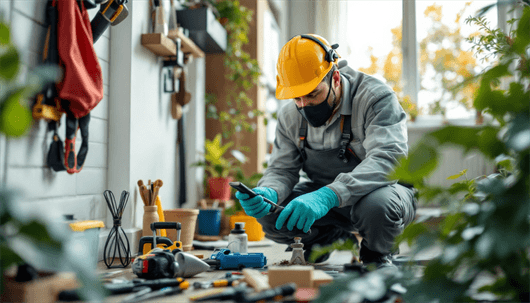 Worker in safety gear and gloves inspecting a pest issue indoors using a smartphone.