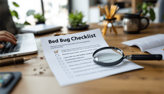 A wooden desk with a partially visible laptop, a paper titled “Bed Bug Checklist” showing one box checked, a magnifying glass lying atop the sheet, and scattered bed-bug debris around the page.