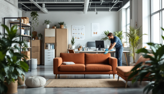 A man wearing gloves cleans an office desk in a modern, plant-filled workspace with a cozy lounge area