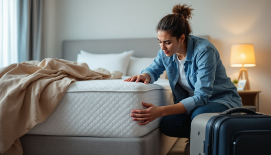 A woman inspects the side of a hotel bed closely, appearing concerned, with her suitcase nearby