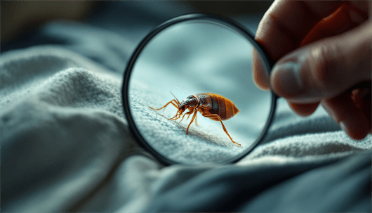 A close-up view of a bed bug magnified through a handheld lens, crawling on fabric bedding.