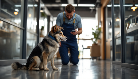 A dog sits attentively on a shiny hallway floor while a pest control technician in overalls kneels behind it, checking something on his phone