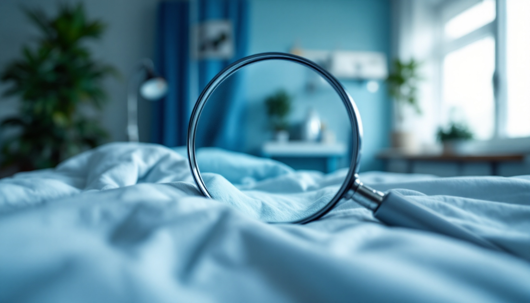 A magnifying glass rests on a rumpled light blue bedspread, focusing on the texture of the fabric in a softly lit bedroom