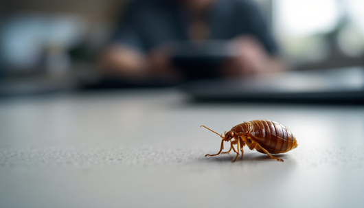 A close-up of a bed bug crawling on a surface with a blurred figure in the background