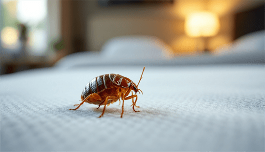 A close-up macro photo of a single, reddish-brown bed bug on a white, textured mattress sheet, with the background of the bedroom softly blurred.