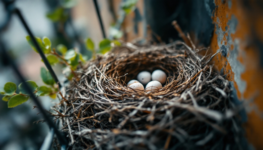 A close-up of a small bird’s nest tucked against a wall, containing several eggs and surrounded by twigs and green leaves.