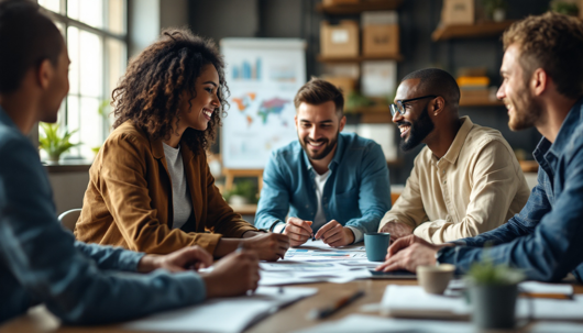 A diverse group of colleagues sit around a table in a bright office, smiling and discussing documents during a collaborative team meeting