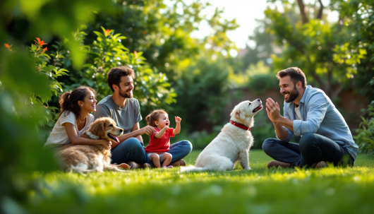 A family relaxes on the grass in a sunny garden while two dogs sit nearby, one responding to a man giving a hand command as a baby laughs.