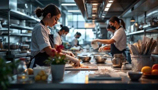 A female chef in an apron and gloves carefully prepares food on a cutting board, with other chefs working in the background of a busy, professional stainless steel kitchen.