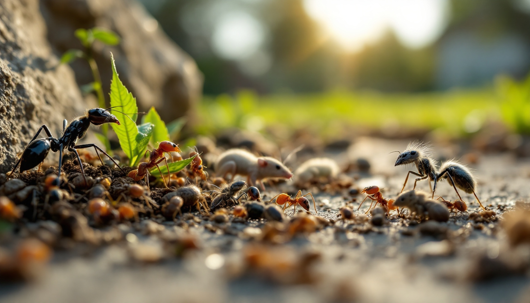 A ground-level macro shot of black and red ants on a dirt path, with a tiny, light-colored mouse in the middle ground, all backlit by a soft, setting sun.