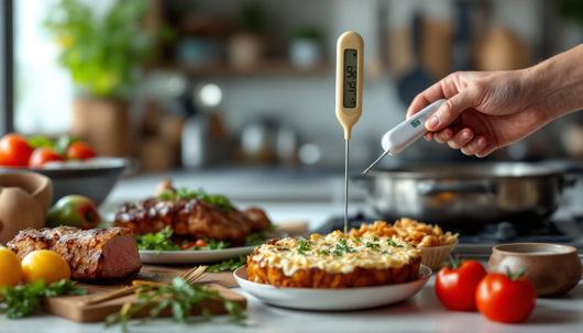 hand uses a digital food thermometer to check the temperature of a cooked dish on a kitchen counter surrounded by roasted meat, vegetables, and fresh ingredients