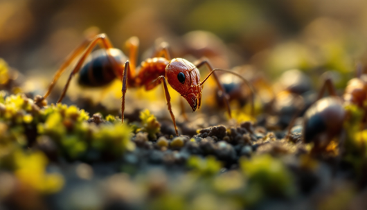 A macro, close-up shot of a red ant facing forward on dark soil, surrounded by small clusters of green and yellow moss, with other ants blurred in the background.