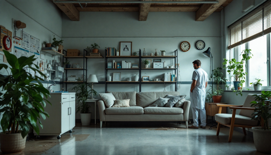 A man in a white uniform stands with his back to the camera, looking out a window in a comfortably furnished office or break room with a large sofa, bookshelves, and many plants.