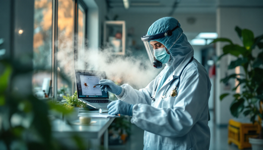 A pest control specialist in protective gear examines insect samples on a laptop while conducting an indoor inspection near a window.