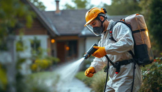 A pest control technician in a white protective suit, yellow hard hat, and respirator mask sprays pesticide from a backpack sprayer in the yard of a home.