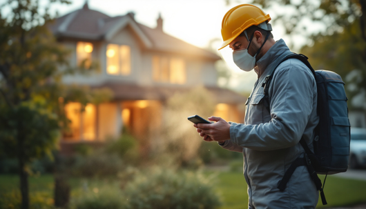 A pest control technician wearing a hard hat, mask, and backpack sprayer checks his phone outside a well-lit suburban home at dusk