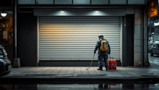 A pest control worker wearing protective gear stands outside a closed storefront at night, holding spraying equipment and a backpack unit.