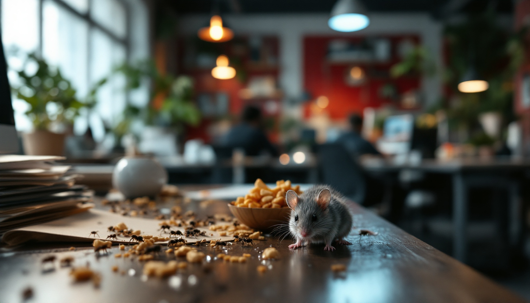 A small mouse sits on a cluttered table covered in food crumbs inside a busy office, highlighting a pest issue in the workplace