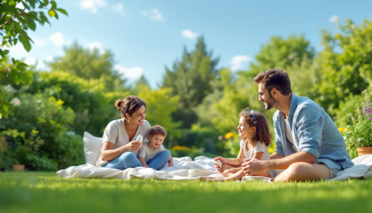 A smiling family of four sitting on a white blanket on a lush green lawn. The mother, father, young daughter, and toddler son are interacting in a sunny, green garden under a blue sky.