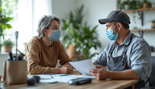 A woman and tech wearing masks at kitchen table looking at paperwork