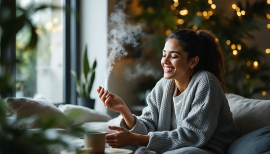 A woman relaxes on a couch holding a steaming cup of coffee, smiling in a cozy living room with plants and warm lights in the background.