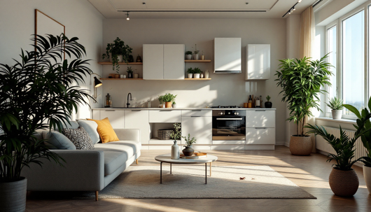 Bright, modern open-plan living room and kitchen with white cabinetry, indoor plants, and sunlight streaming through large windows, showing a clean and well-maintained home interior.
