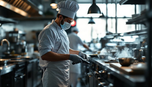 Chef wearing a mask and gloves cooking at a stovetop in a professional kitchen, surrounded by stainless steel cookware and steam rising from pans.