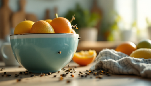 Close-up of a bowl of citrus fruits attracting several small flies on a kitchen counter with scattered fruit and a cloth nearby.