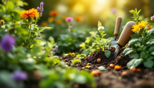 Close-up of a garden bed with colorful flowers, gardening tools, and several ladybugs crawling on the soil around young plants.