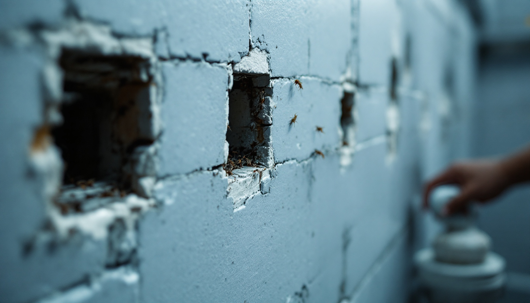 Close-up of ants crawling in and out of cracks and holes in a painted cinder block wall, highlighting a potential pest entry point in a building.
