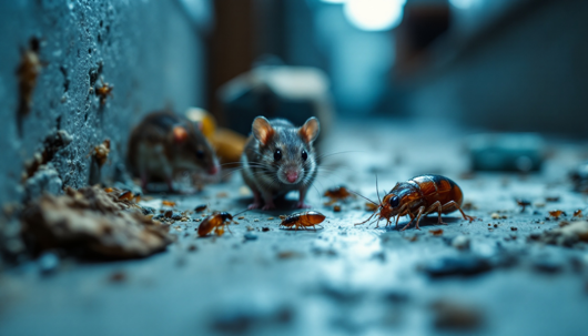 Close-up of mice and cockroaches gathered on a dirty floor near a wall, illustrating a severe indoor pest infestation.
