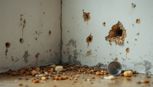 Close-up of rodent holes and gnaw marks in a wall corner with scattered food debris on the floor, indicating a rodent infestation inside a building.